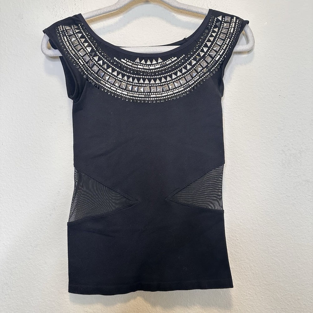VTG Y2K Bebe‎ Womens Top Beaded Neckline Mesh Goth Size Small